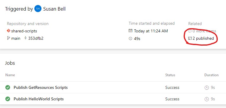 Completed Shared Pipeline run showing 2 published artifacts