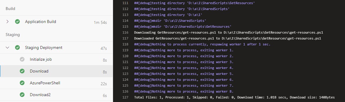 Logs of the download task showing the get-resources.ps1 file was downloaded.