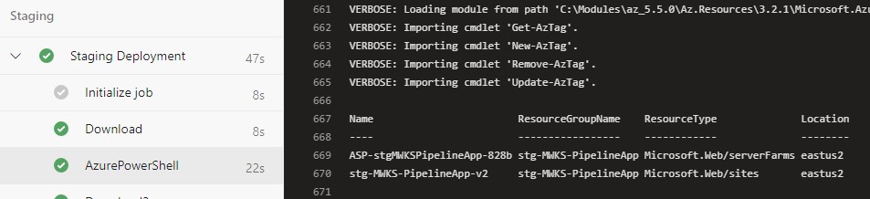 Log output of the AzurePowershell task showing the list of resources in the Resource Group passed to the script.